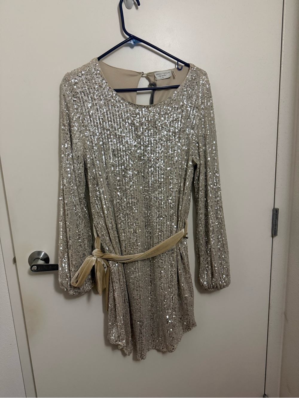 Dress Forum Champagne Sequin Long-Sleeve Mini Dress with Belt